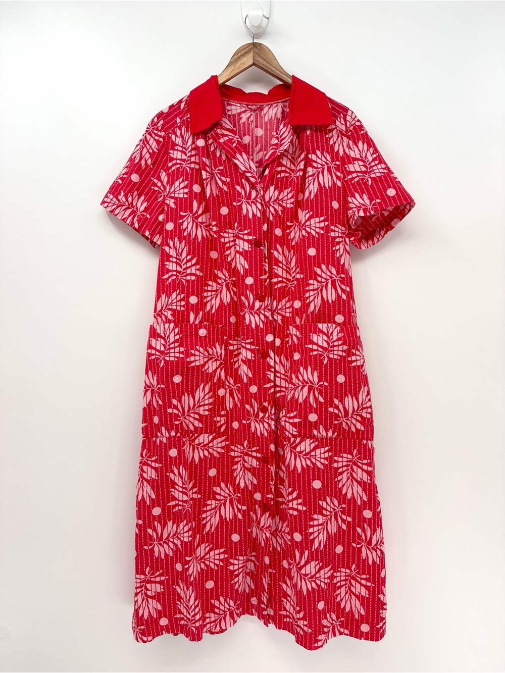 Red & White Retro Floral House Dress with Apron Pockets